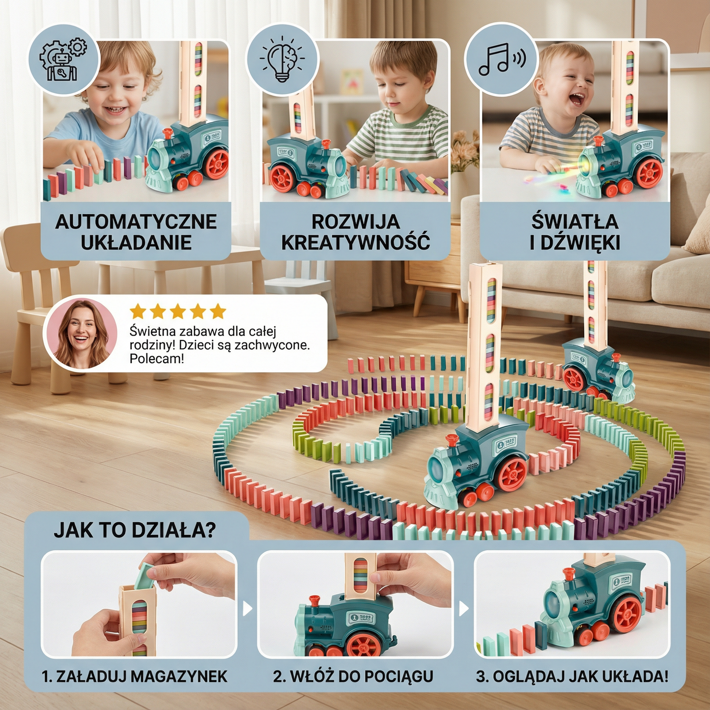 Zabawka kolejowa domino dla dzieci | Automatyczne układanie torów ze światłami i dźwiękiem dla kreatywnej zabawy edukacyjnej