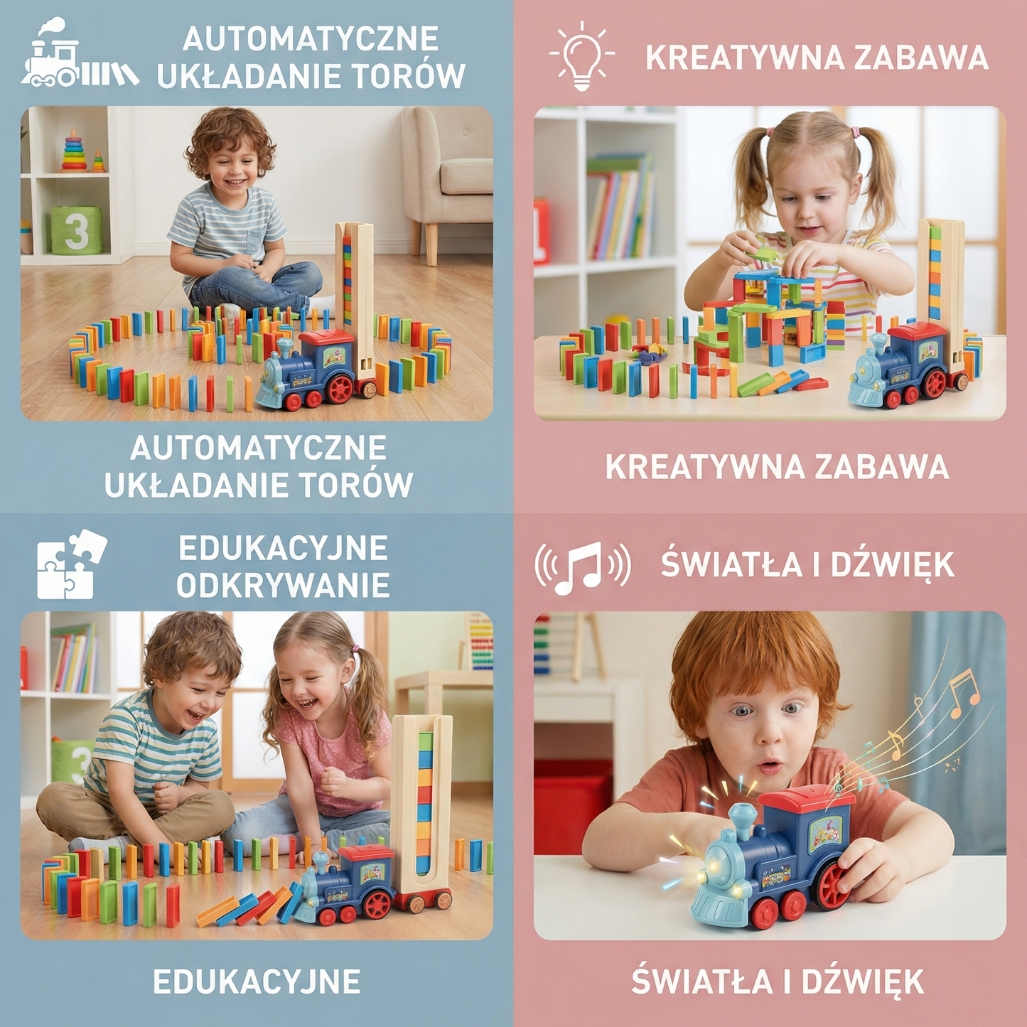 Zabawka kolejowa domino dla dzieci | Automatyczne układanie torów ze światłami i dźwiękiem dla kreatywnej zabawy edukacyjnej