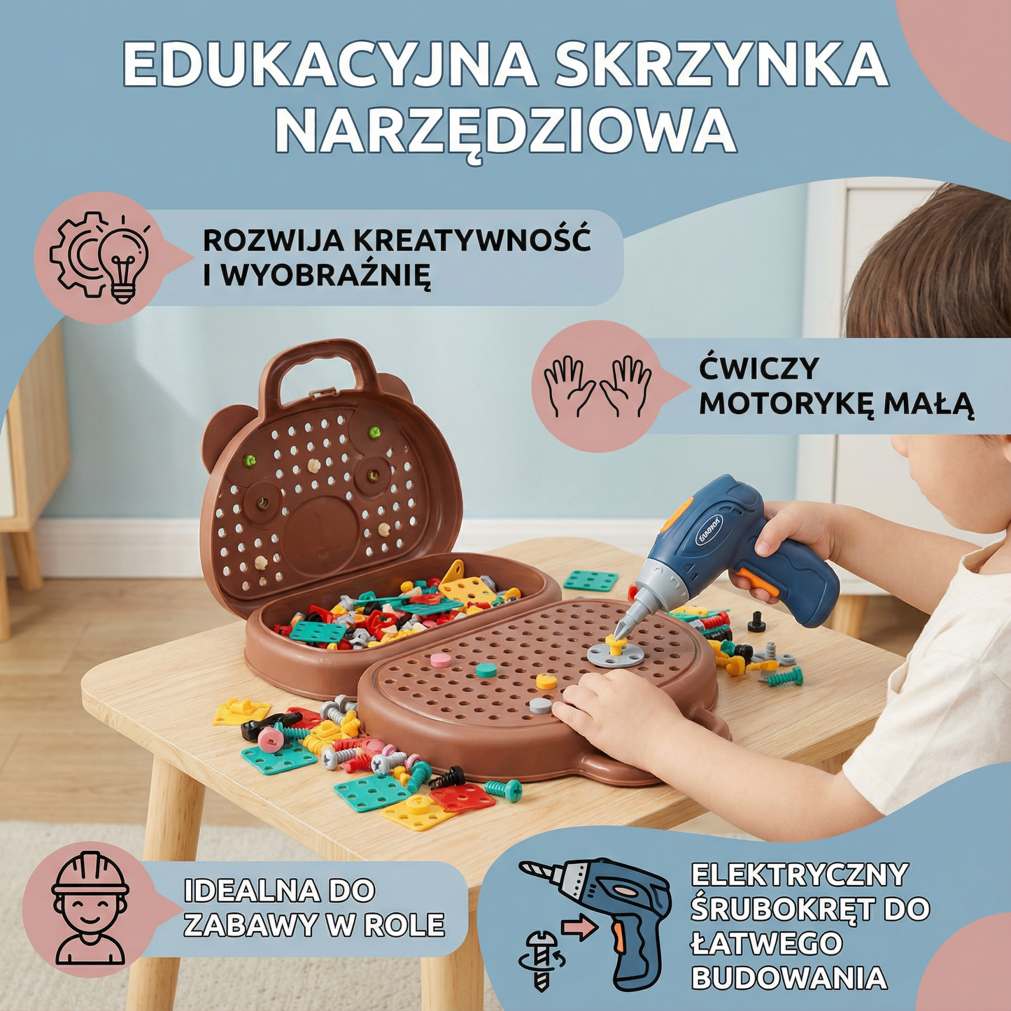 Zestaw do zabawy dla dzieci | Edukacyjna skrzynka narzędziowa z elektrycznym śrubokrętem do budowania i odgrywania ról