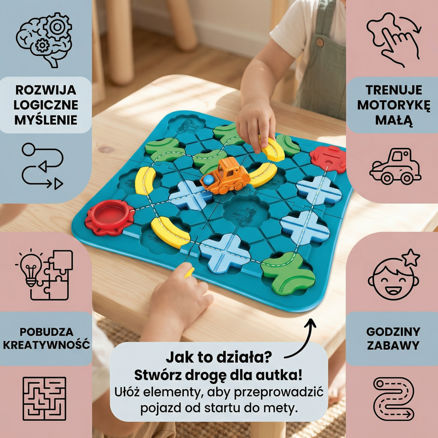 Gra w labirynt dla dzieci ⎜ Edukacyjna zabawka z torami drogowymi z kulkami i samochodem do zabawy logicznej i rozwiązywania problemów.