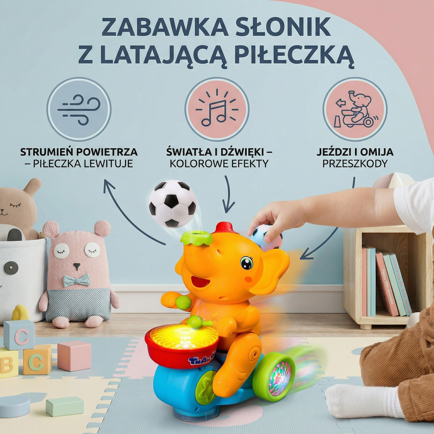 Zabawka słonik z latającą piłeczką