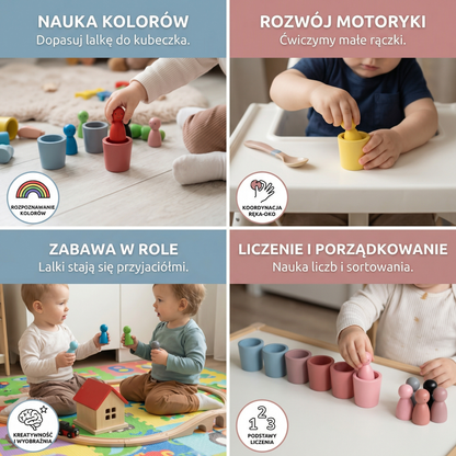 Drewniana zabawka do dopasowywania kolorów dla dzieci | Gra w sortowanie z lalkami z kołkami i kubkami do nauki motoryki małej i wzroku