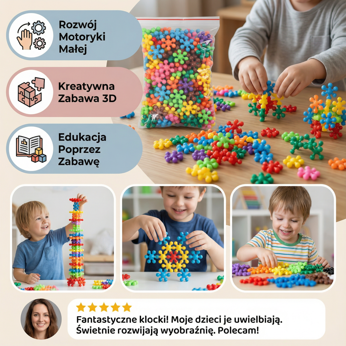 Klocki konstrukcyjne w kształcie płatka śniegu dla dzieci | Kreatywne puzzle 3D dla zabawy edukacyjnej i umiejętności motorycznych