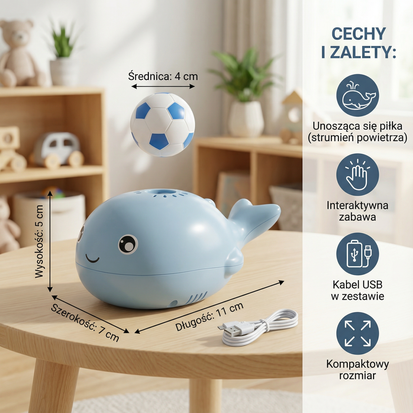 Zabawka wieloryb z unoszącą się piłką
