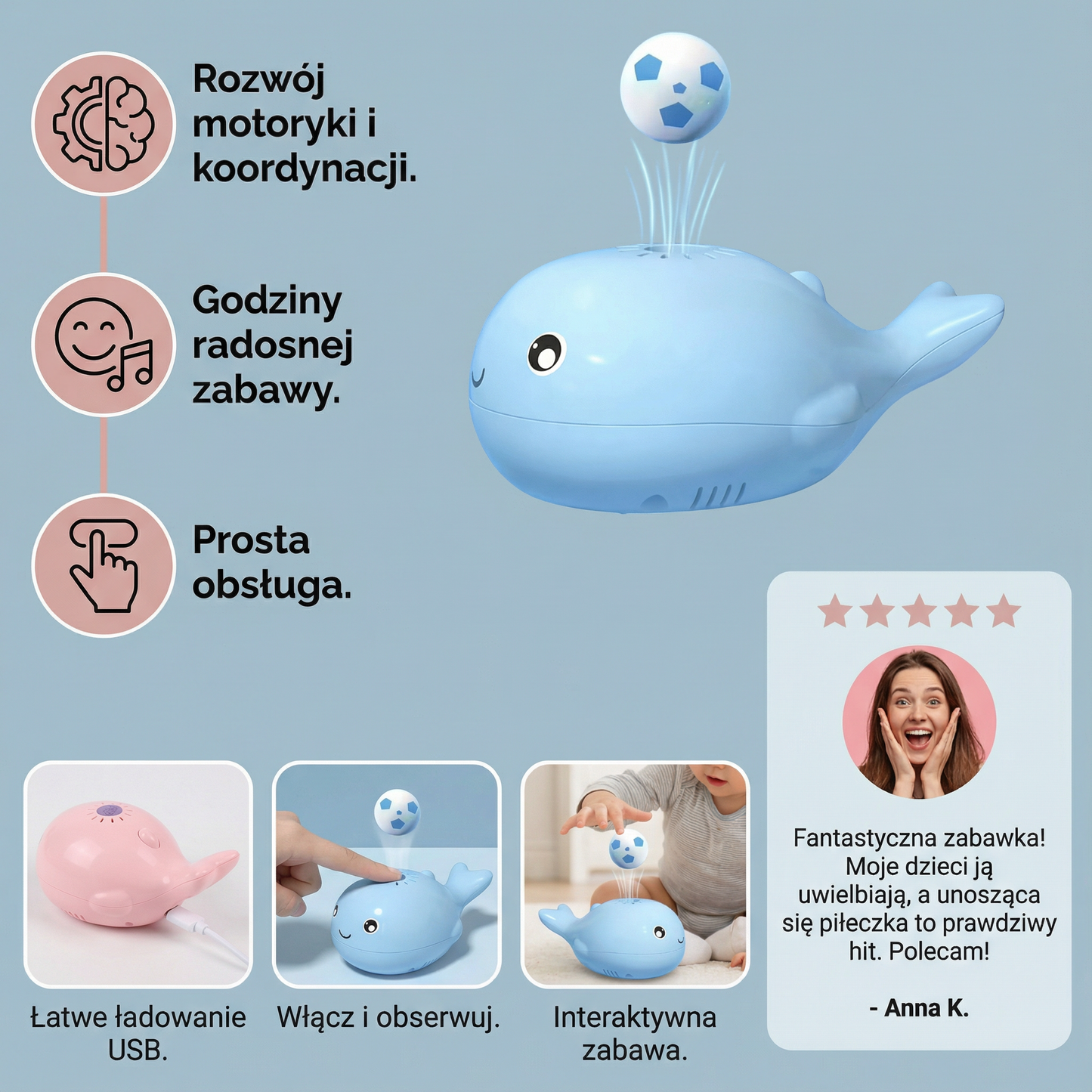 Zabawka wieloryb z unoszącą się piłką