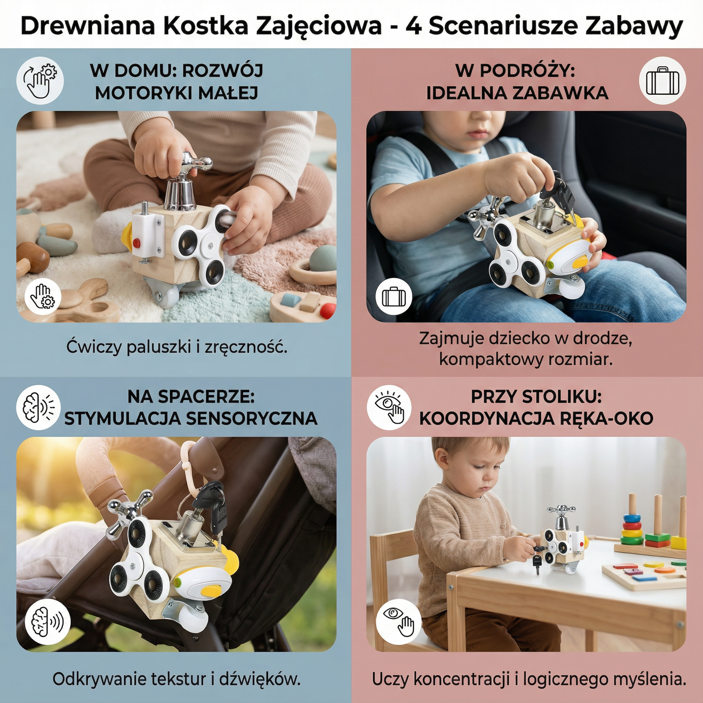 Drewniana kostka zajęciowa dla maluchów | Zabawka edukacyjna dla umiejętności motorycznych i wczesnego uczenia się sensorycznego
