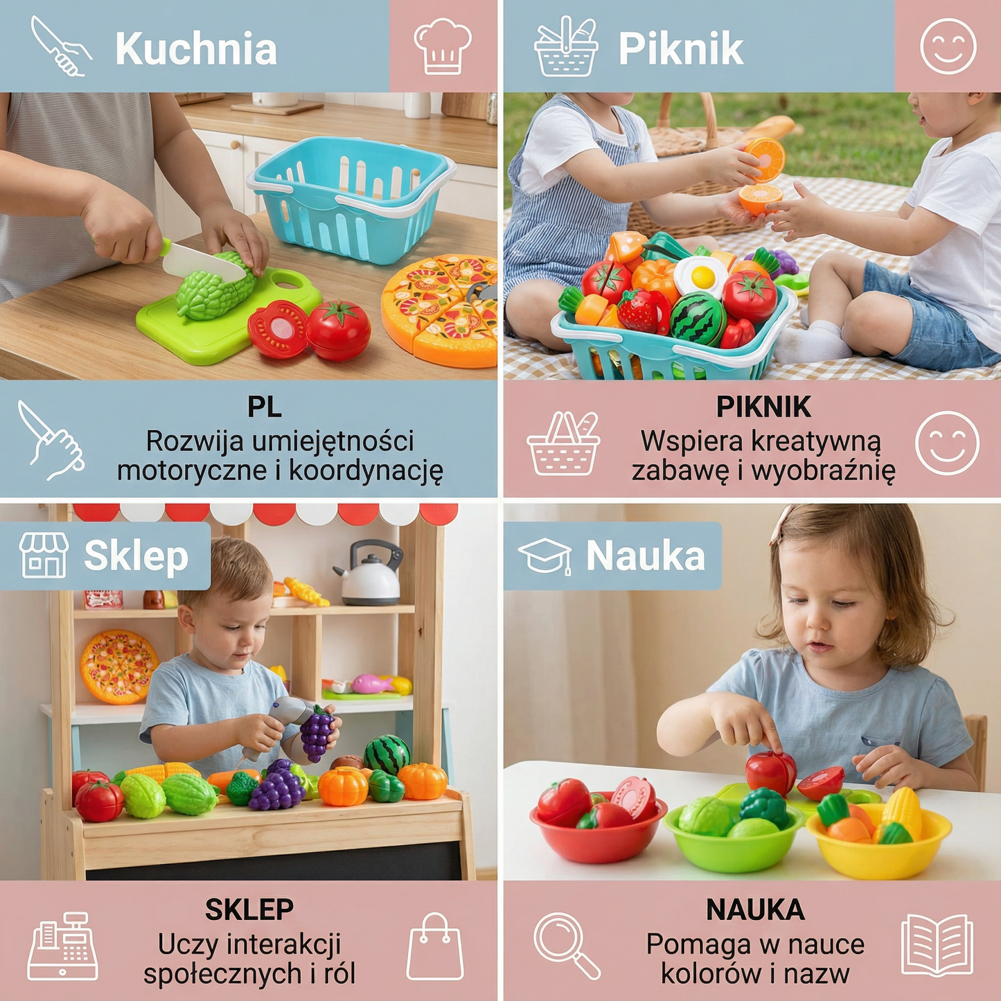 Zestaw do krojenia owoców | Zabawka edukacyjna dla dzieci z koszem i realistycznymi warzywami do odgrywania ról
