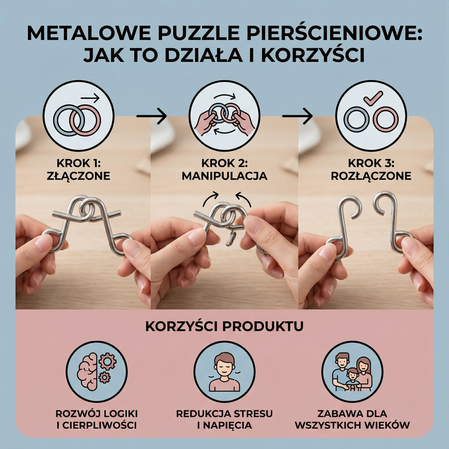 Metalowe Puzzle Pierścieniowe ⎜ Gra Logiczna dla Dzieci i Dorosłych