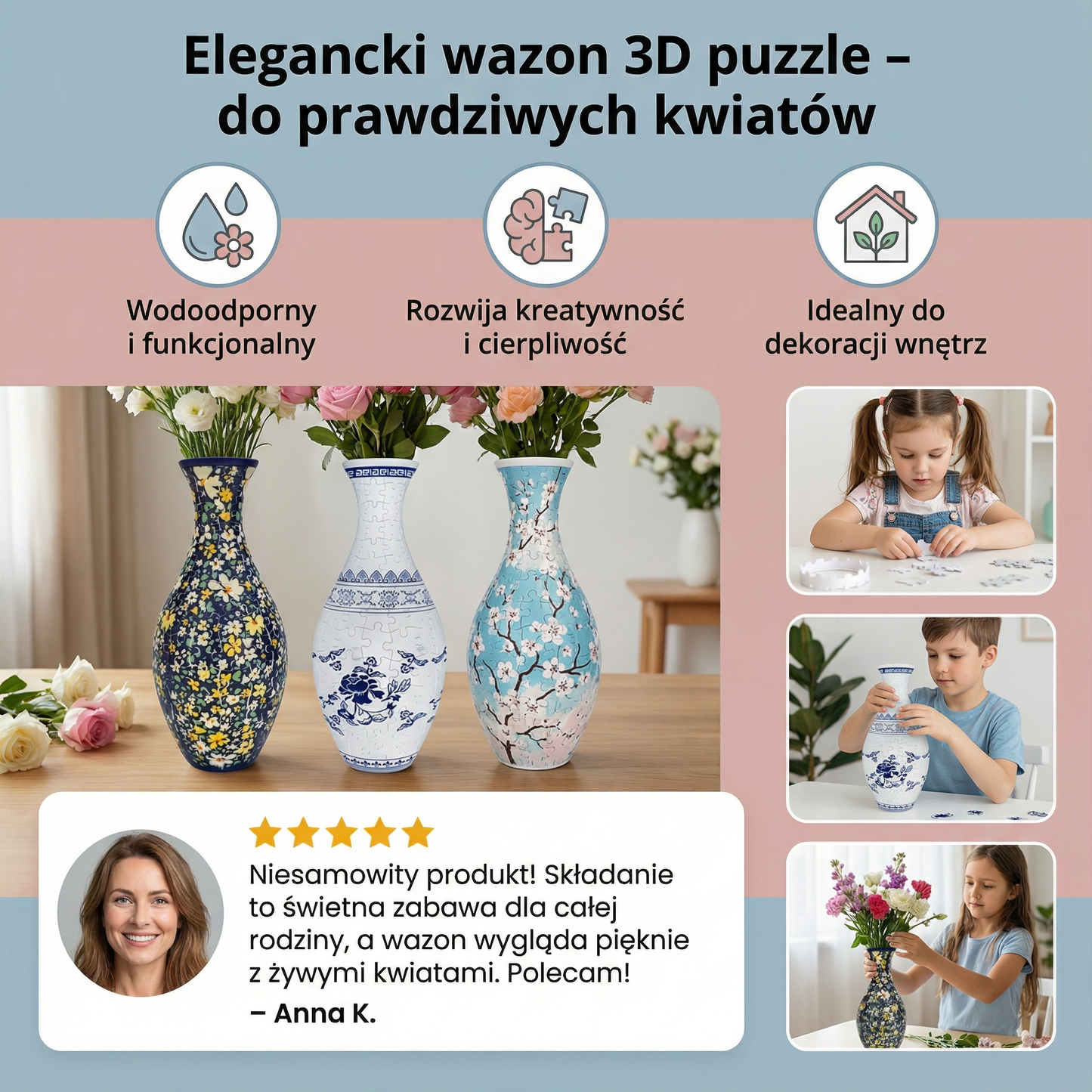 Elegancki wazon 3D puzzle – do prawdziwych kwiatów