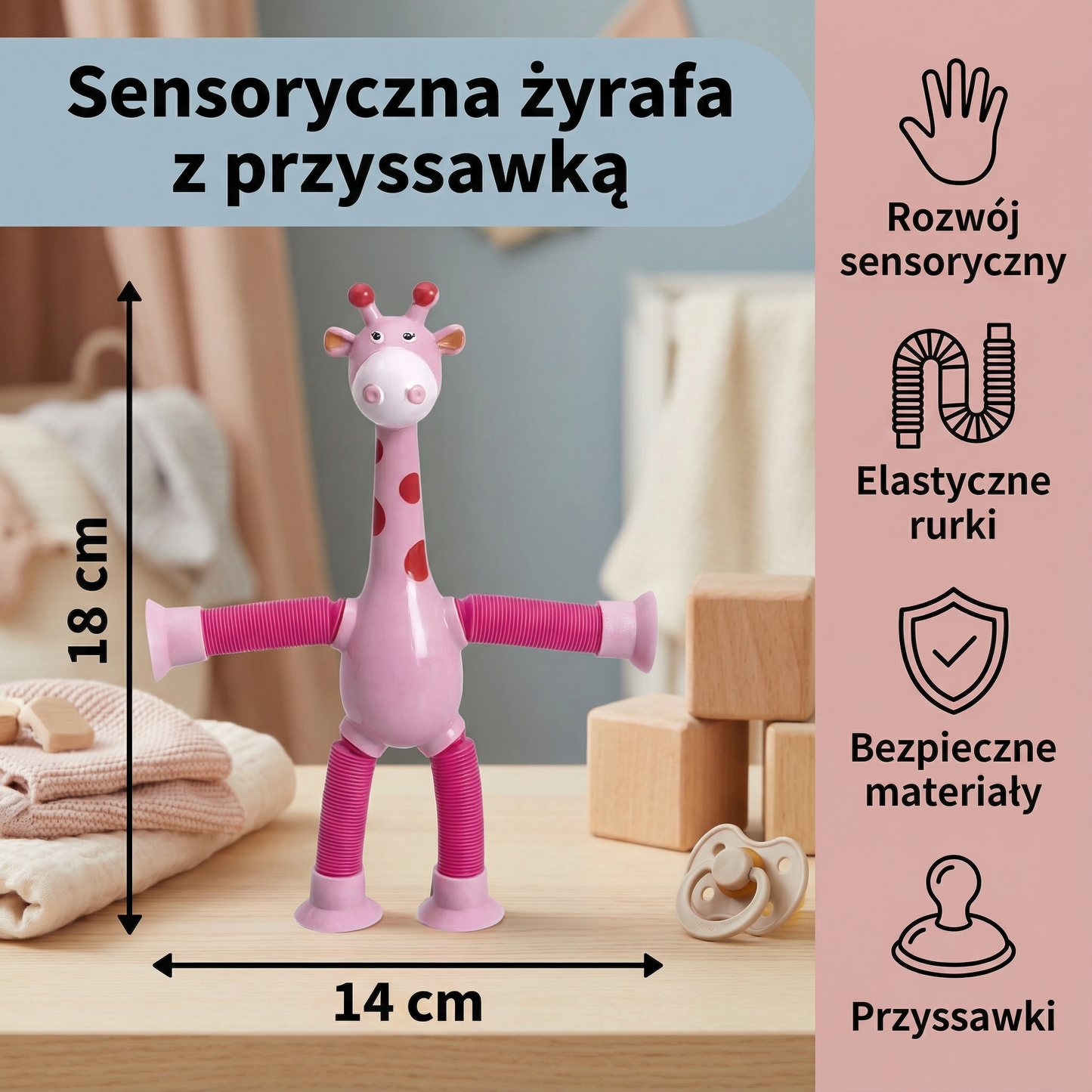 Sensoryczna żyrafa z przyssawką – zabawka dla niemowląt