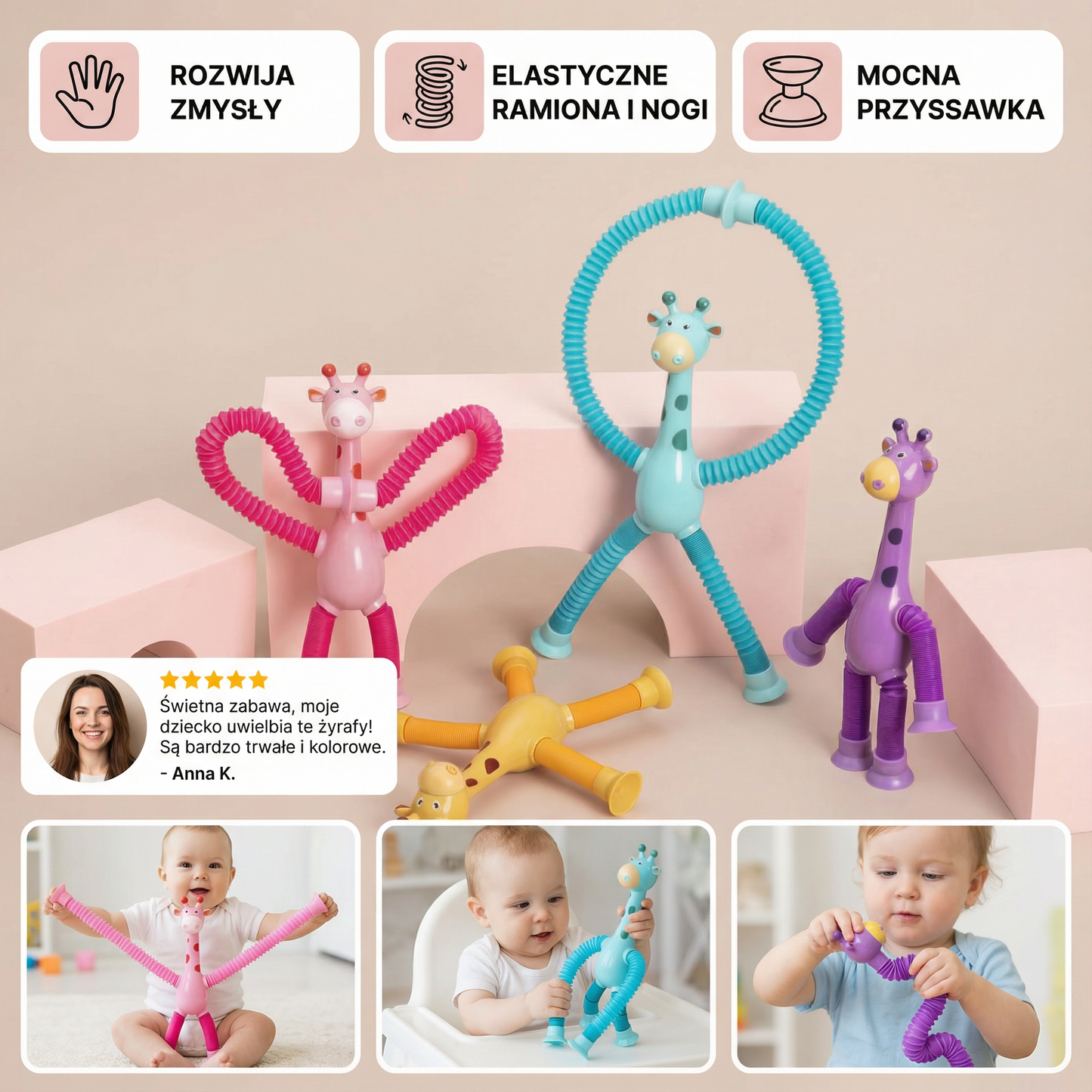 Sensoryczna żyrafa z przyssawką – zabawka dla niemowląt