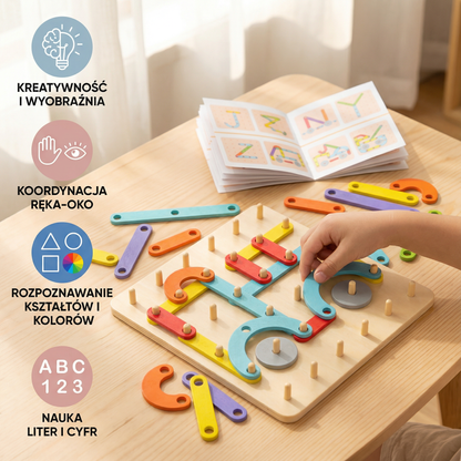 Puzzle Montessori z kołkami dla dzieci ⎜ Kreatywna zabawka do dopasowywania kształtów z literami i cyframi do nauki wczesnej.