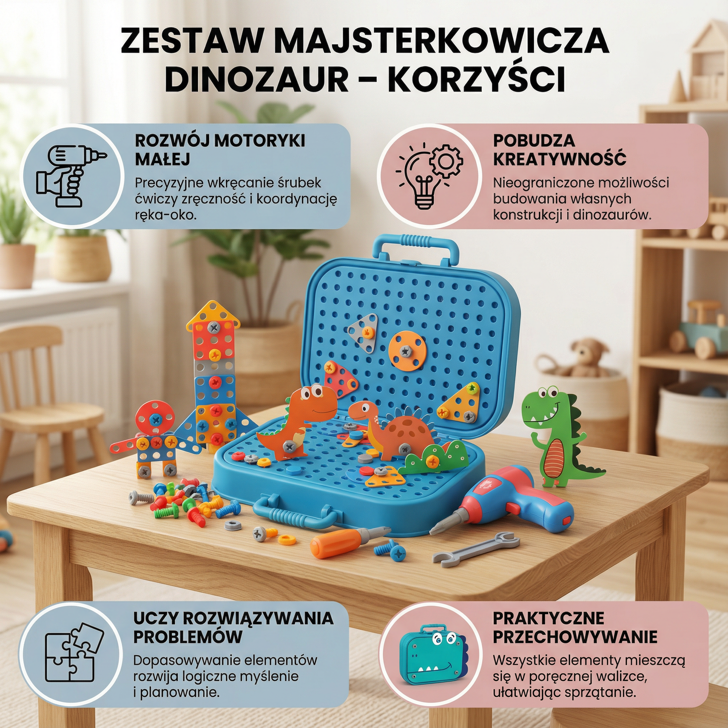 Zestaw majsterkowicza dla dzieci w uroczym dinozaurzym designie