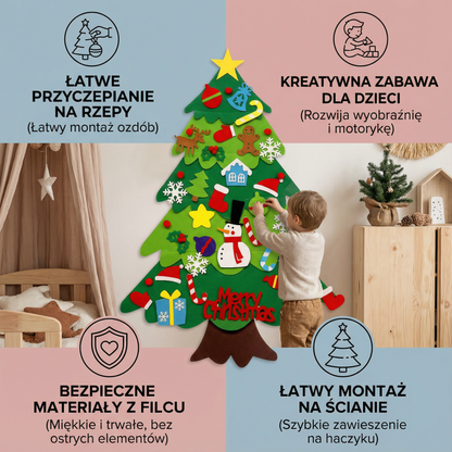 DIY Filcowa Choinka dla Dzieci | Bezpieczna Dekoracja Ścienna z Odpinanymi Ozdobami do Świątecznej Zabawy