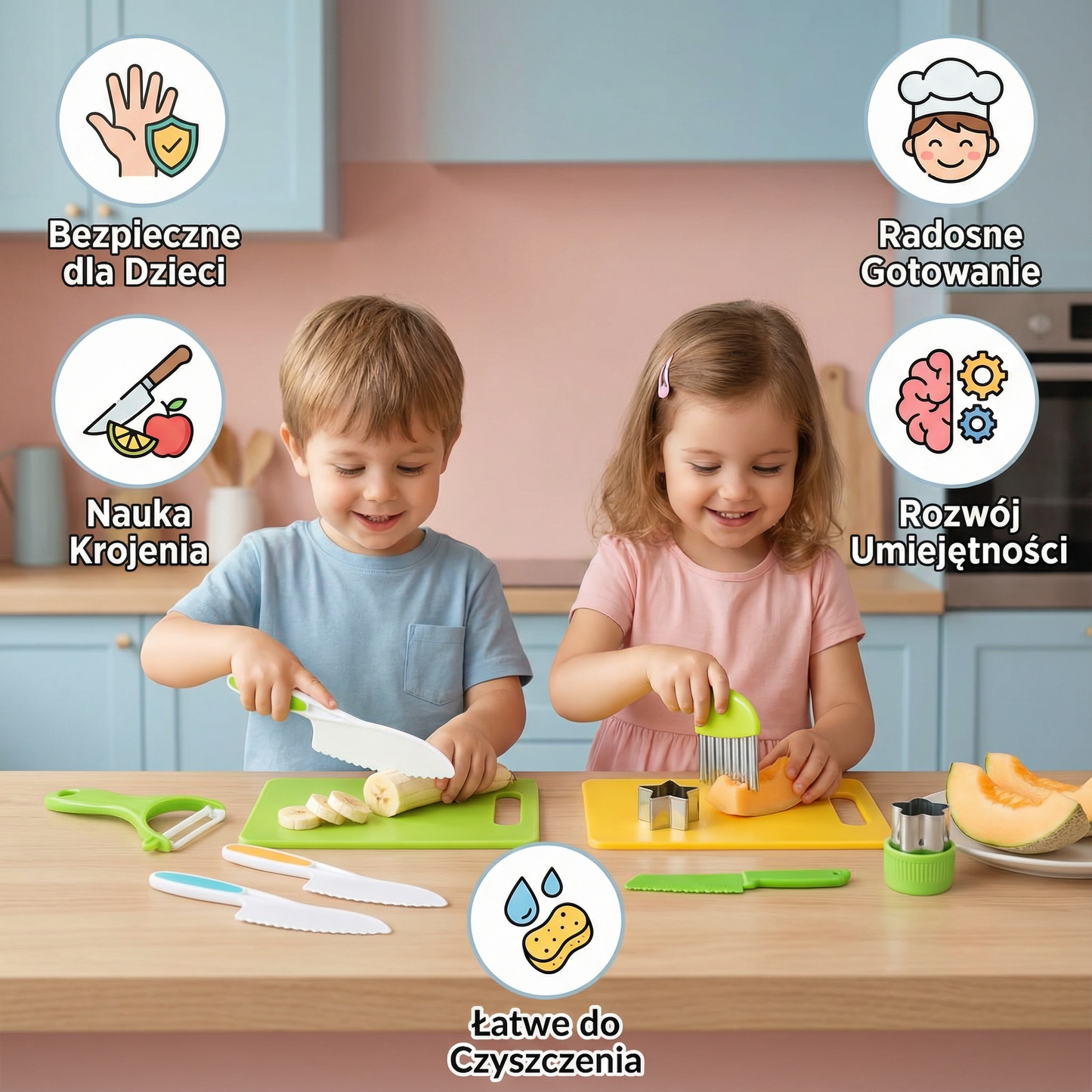 Zestaw noży do krojenia dla dzieci | Bezpieczne i zabawne narzędzia kuchenne do nauki krojenia owoców i warzyw