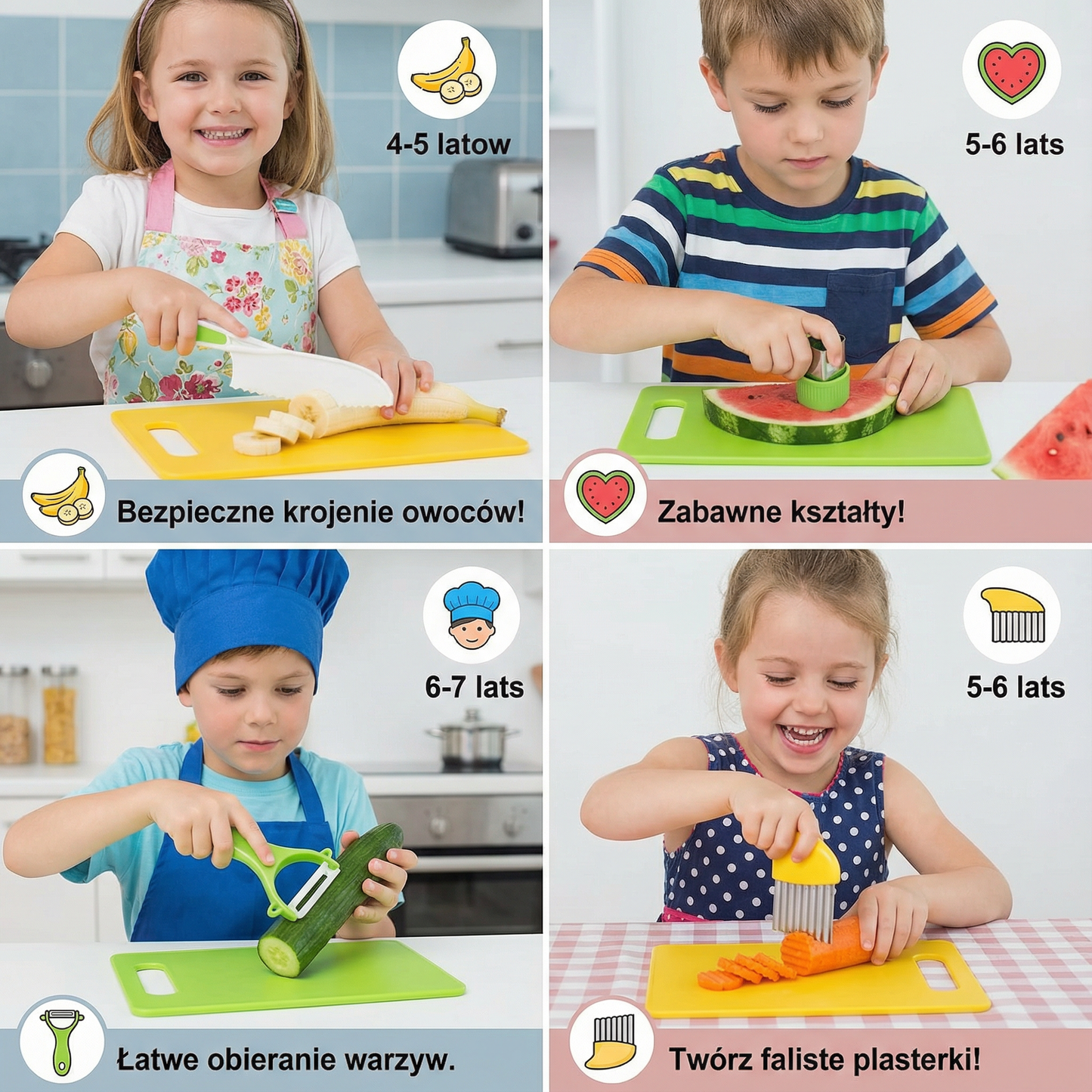 Zestaw noży do krojenia dla dzieci | Bezpieczne i zabawne narzędzia kuchenne do nauki krojenia owoców i warzyw