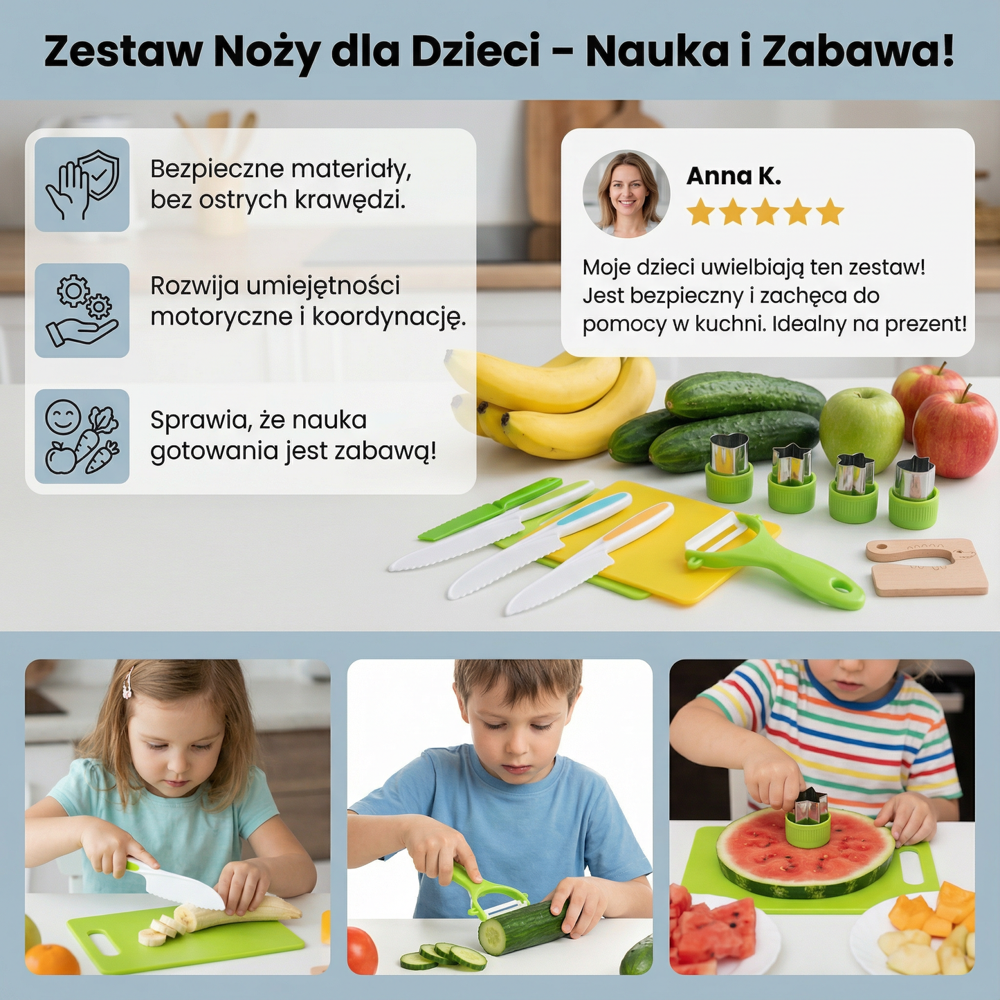 Zestaw noży do krojenia dla dzieci | Bezpieczne i zabawne narzędzia kuchenne do nauki krojenia owoców i warzyw
