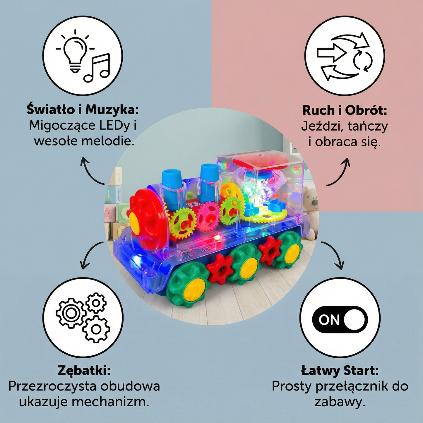 Tańcząca i świecąca lokomotywa muzyczna