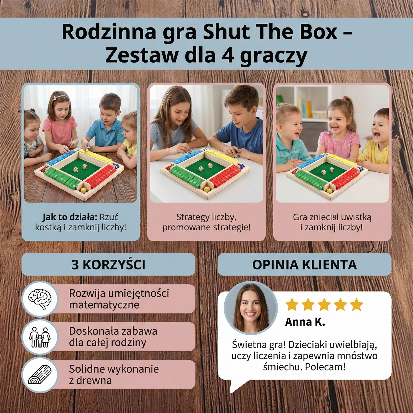 Rodzinna gra Shut The Box – Zestaw dla 4 graczy