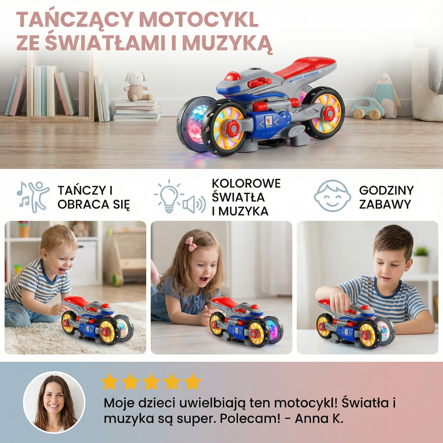 Tańczący motocykl ze światłami i muzyką