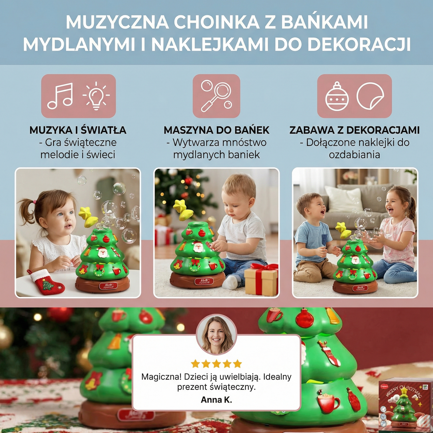 Muzyczna choinka z bańkami mydlanymi i naklejkami do dekoracji