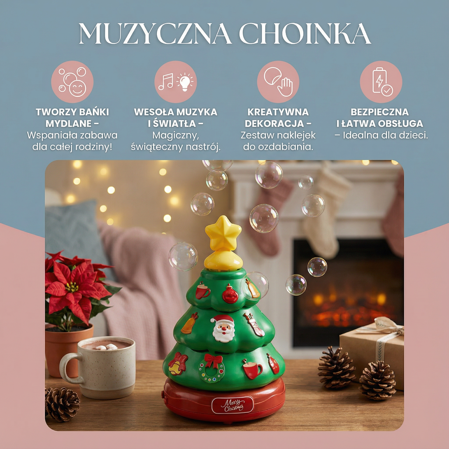 Muzyczna choinka z bańkami mydlanymi i naklejkami do dekoracji