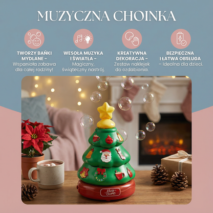 Muzyczna choinka z bańkami mydlanymi i naklejkami do dekoracji