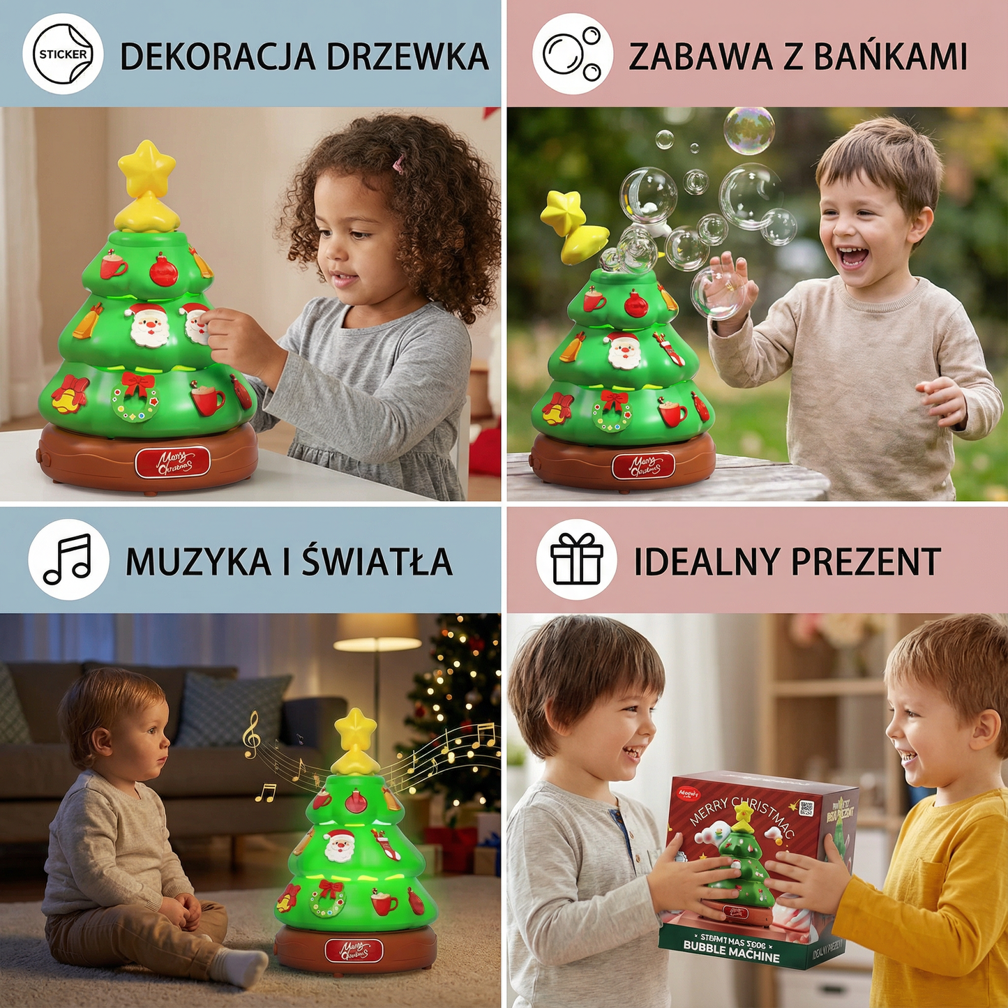 Muzyczna choinka z bańkami mydlanymi i naklejkami do dekoracji
