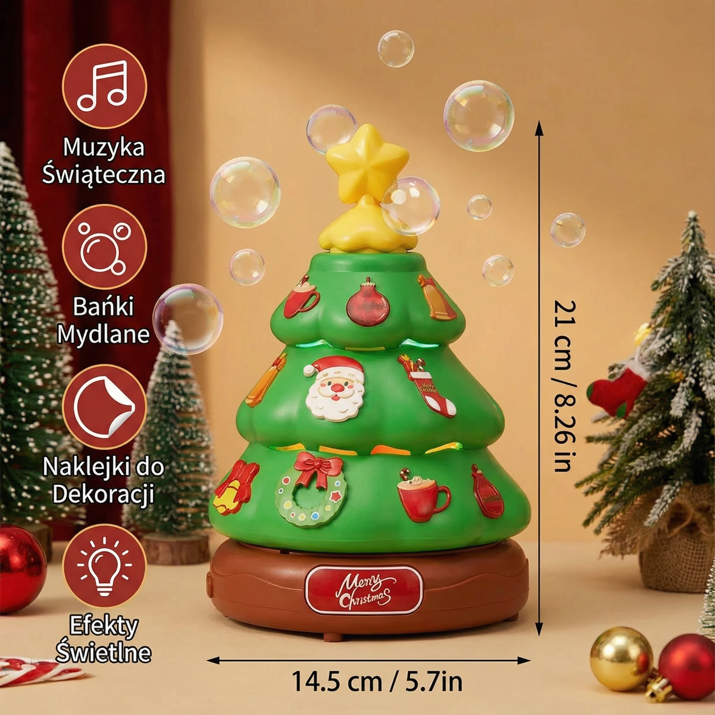 Muzyczna choinka z bańkami mydlanymi i naklejkami do dekoracji