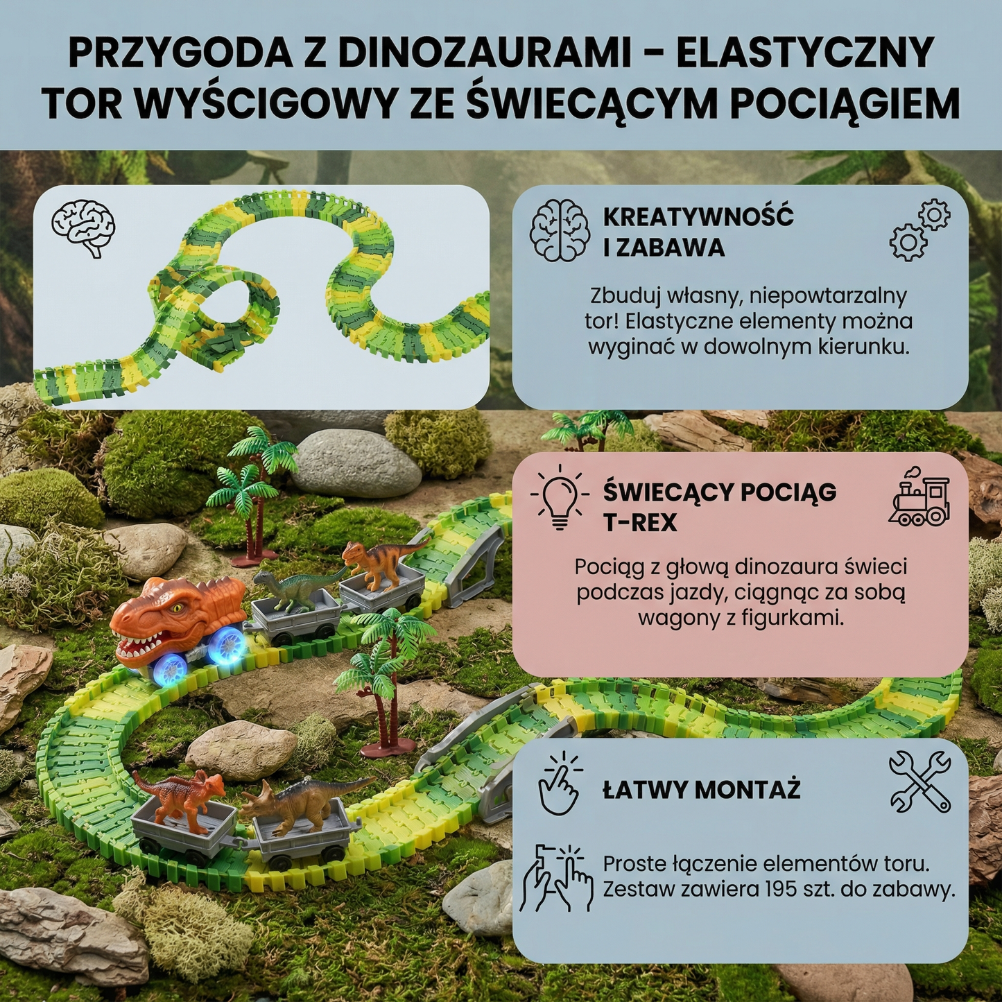 Przygoda z dinozaurami – Elastyczny tor wyścigowy ze świecącym pociągiem