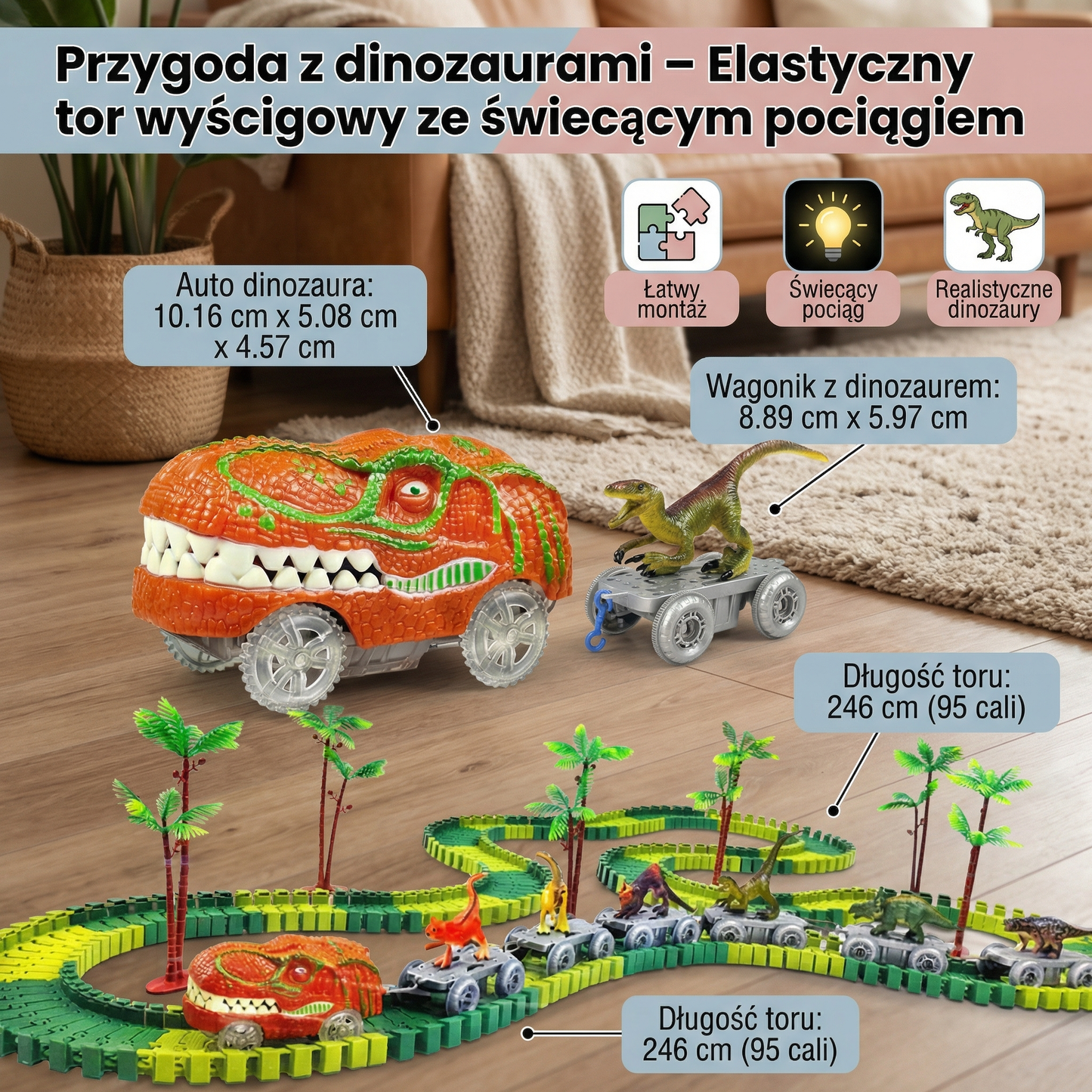 Przygoda z dinozaurami – Elastyczny tor wyścigowy ze świecącym pociągiem