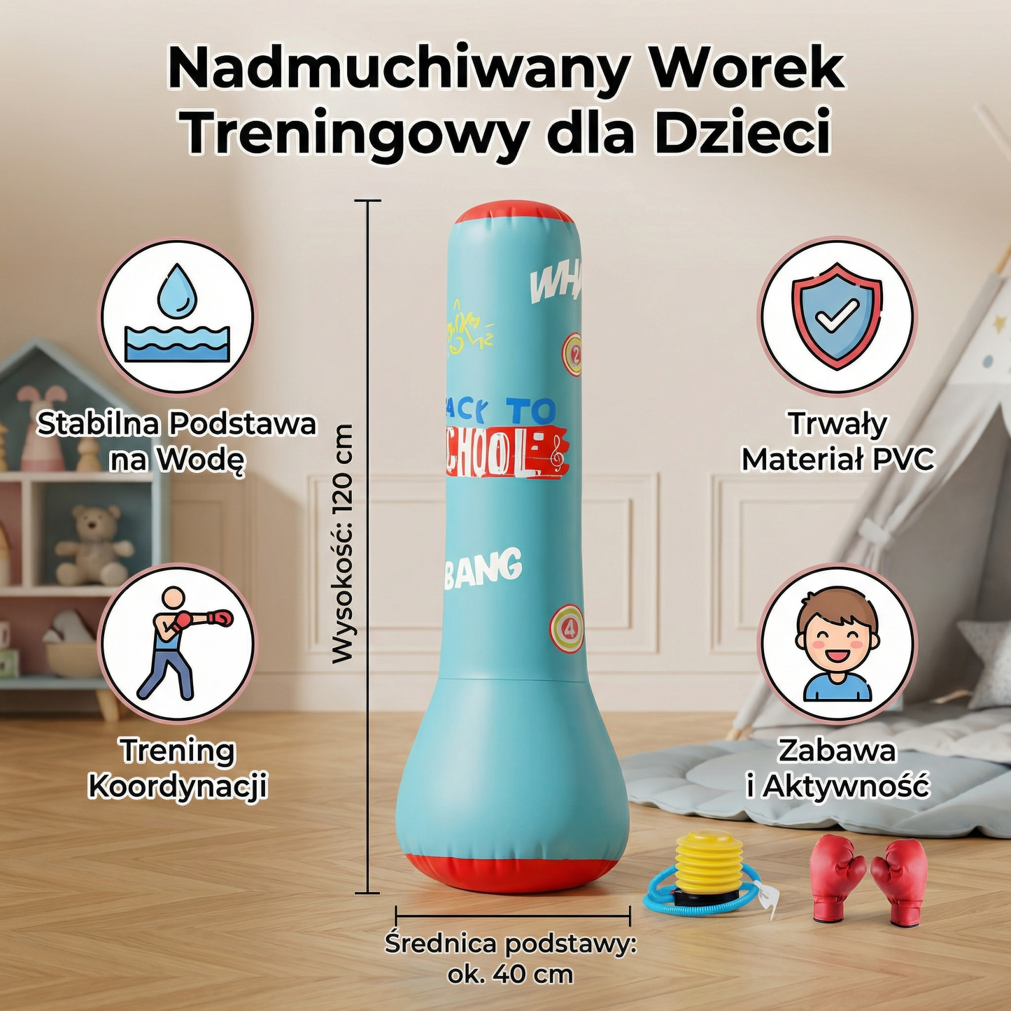 Dmuchany worek bokserski dla dzieci z napełnianą wodą podstawą
