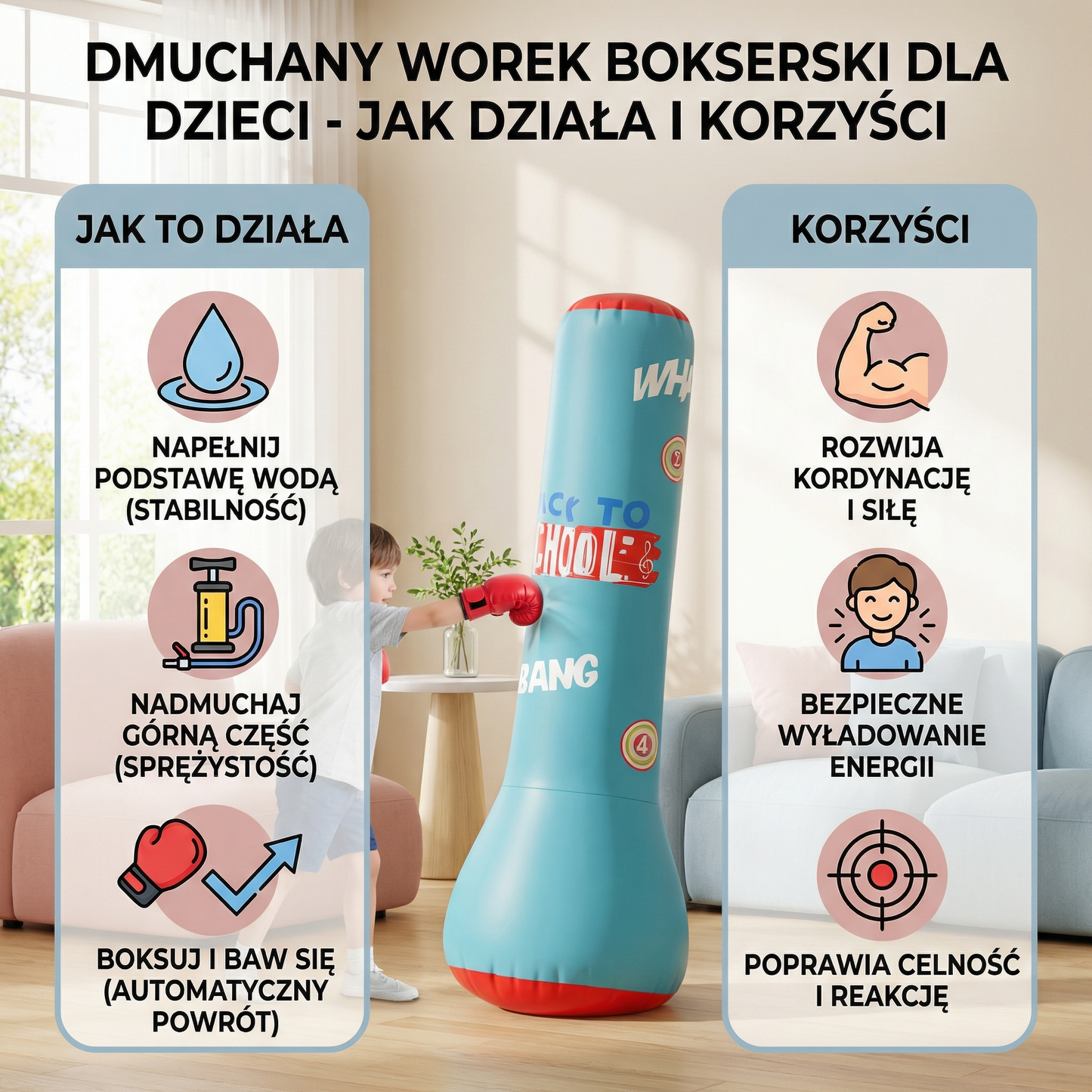 Dmuchany worek bokserski dla dzieci z napełnianą wodą podstawą