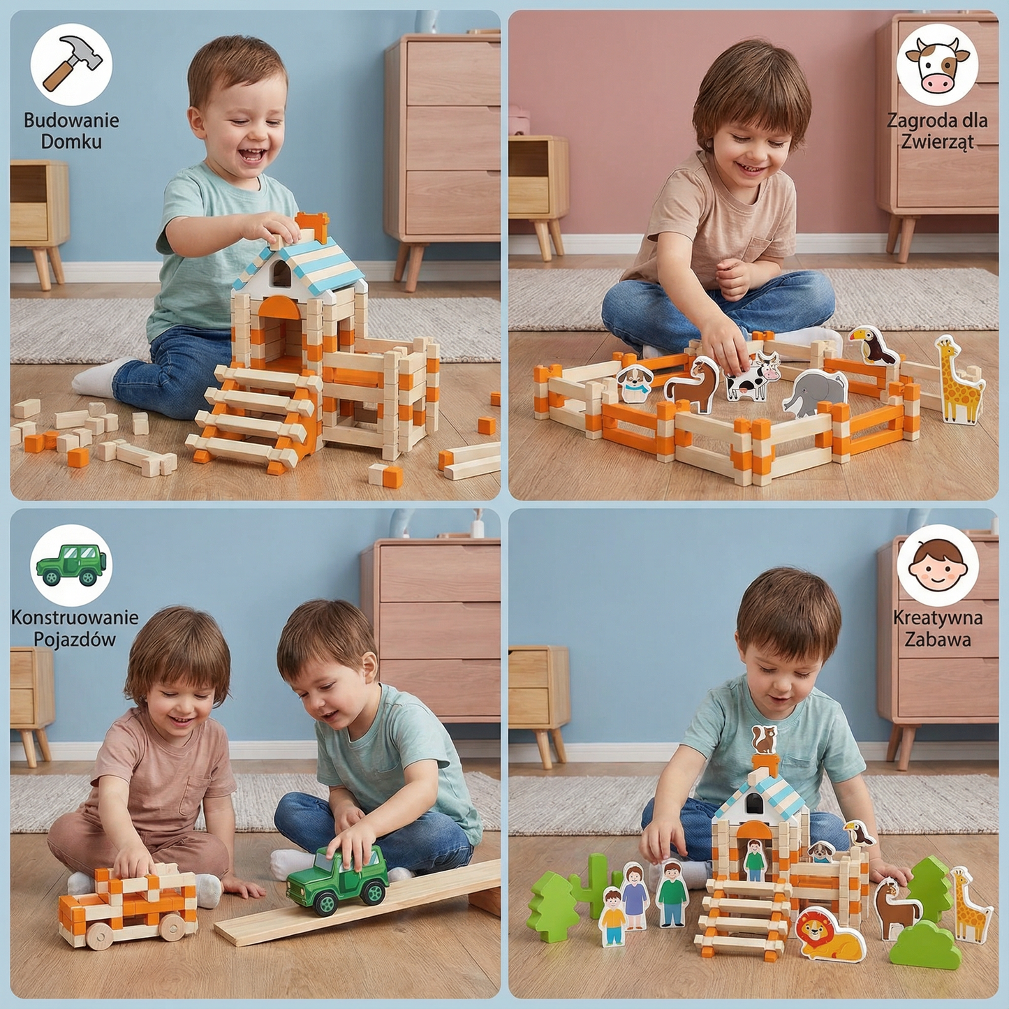 Zestaw drewnianych klocków montessori – naturalna zabawa w układanie i budowanie