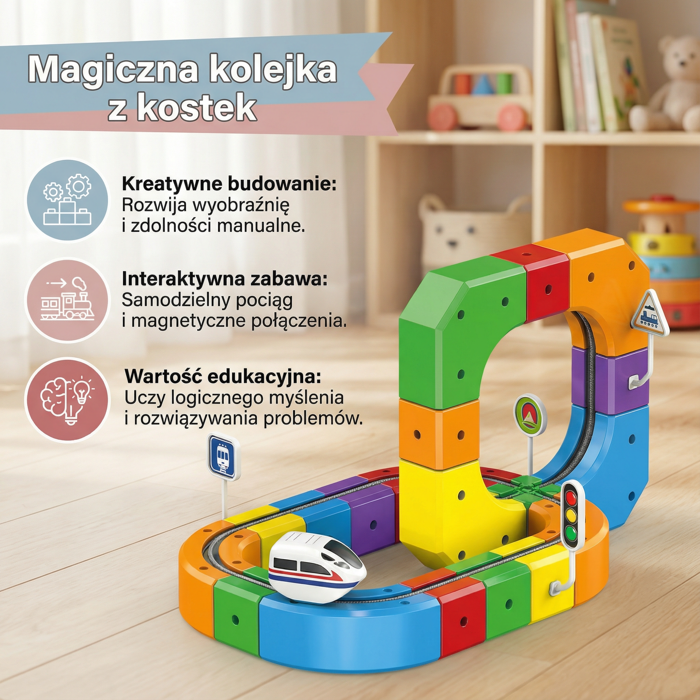 Magiczna kolejka z kostek – zabawka dla dzieci