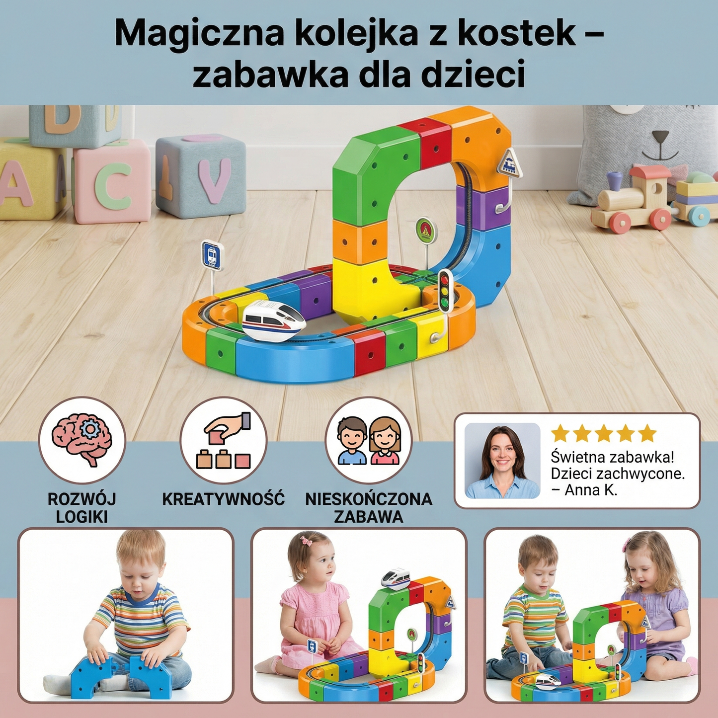 Magiczna kolejka z kostek – zabawka dla dzieci