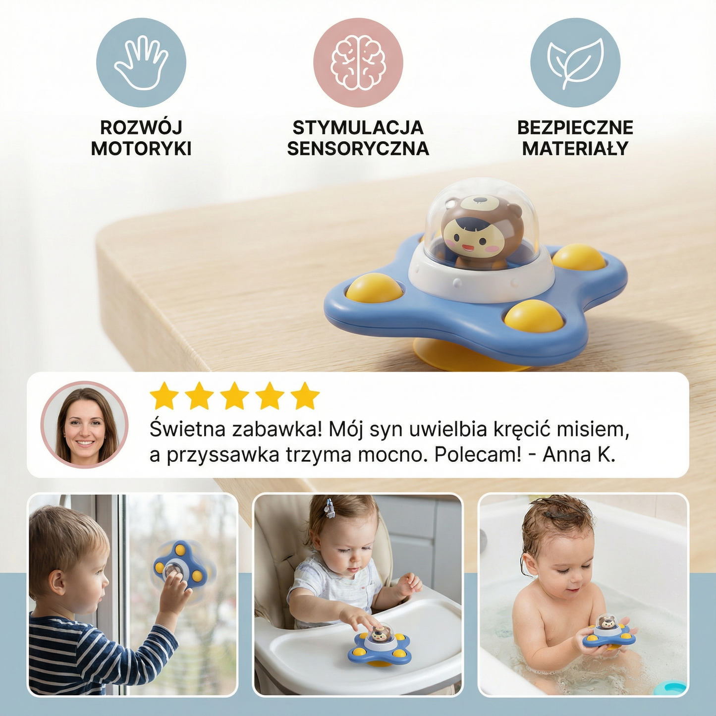 Montessori wirujący spinner z przyssawką – obrotowa zabawka edukacyjna