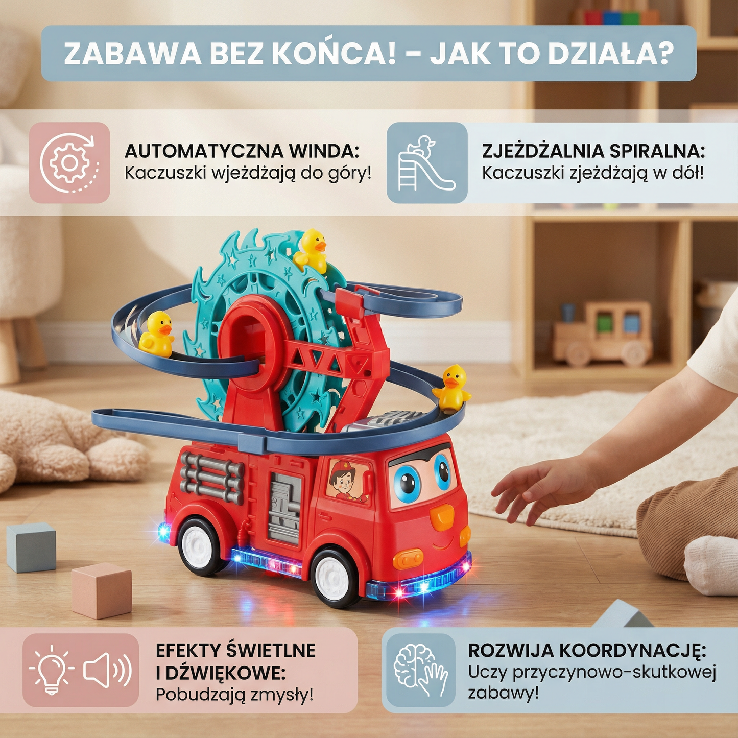 Strażacki samochód z zjeżdżającymi kaczkami
