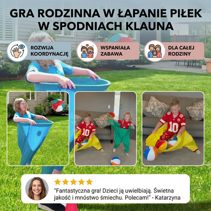 Gra rodzinna w łapanie piłek w spodniach klauna