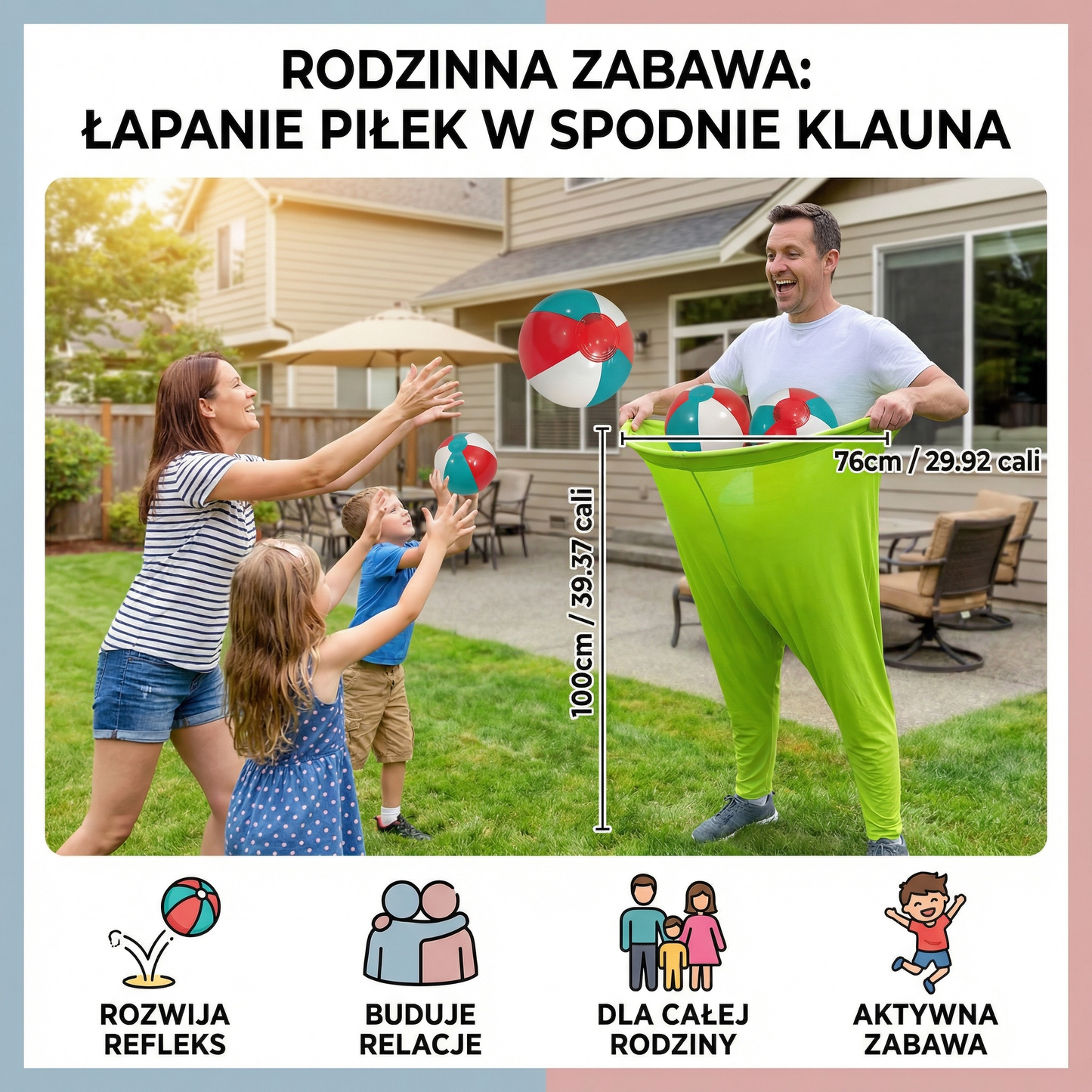 Gra rodzinna w łapanie piłek w spodniach klauna
