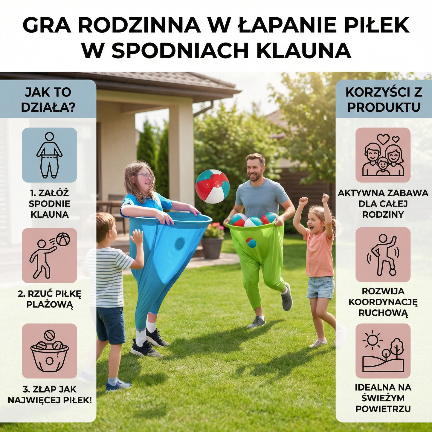 Gra rodzinna w łapanie piłek w spodniach klauna