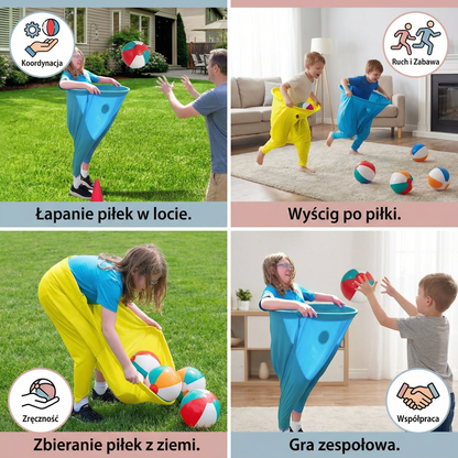 Gra rodzinna w łapanie piłek w spodniach klauna