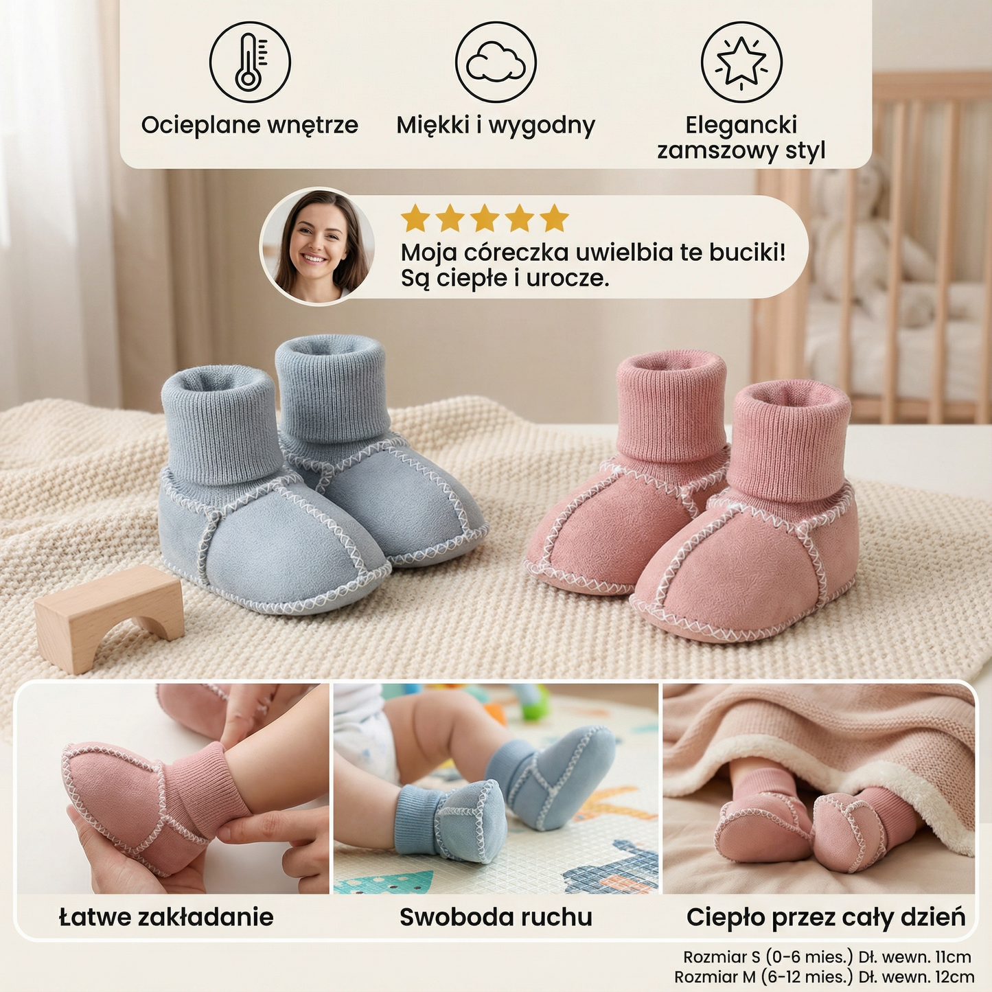 Ocieplane zimowe buciki-skarpetki dla niemowląt w zamszowym stylu