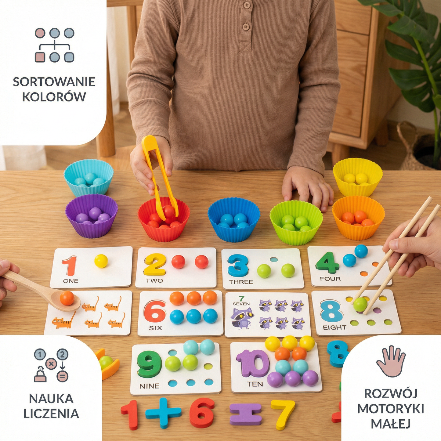 Montessori – zestaw kul do sortowania według liczb i kolorów do nauki liczenia