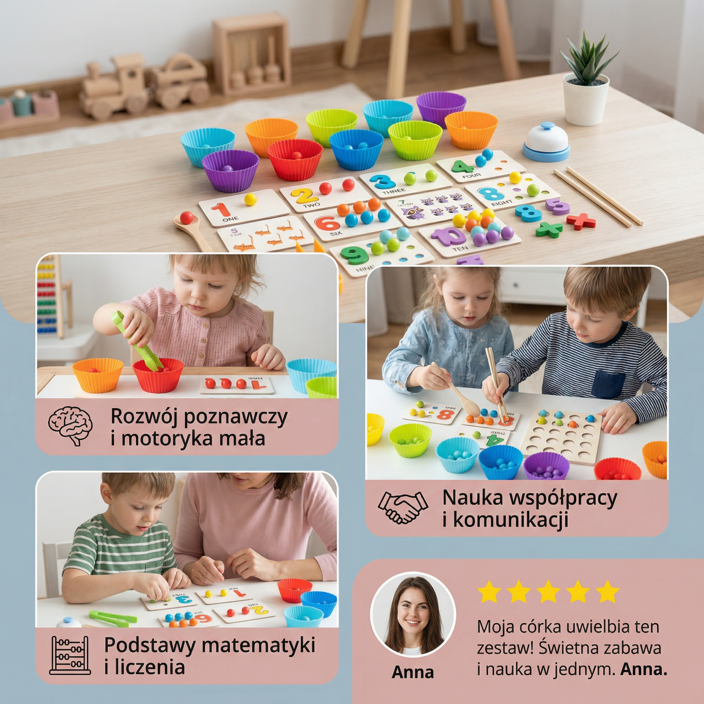 Montessori – zestaw kul do sortowania według liczb i kolorów do nauki liczenia