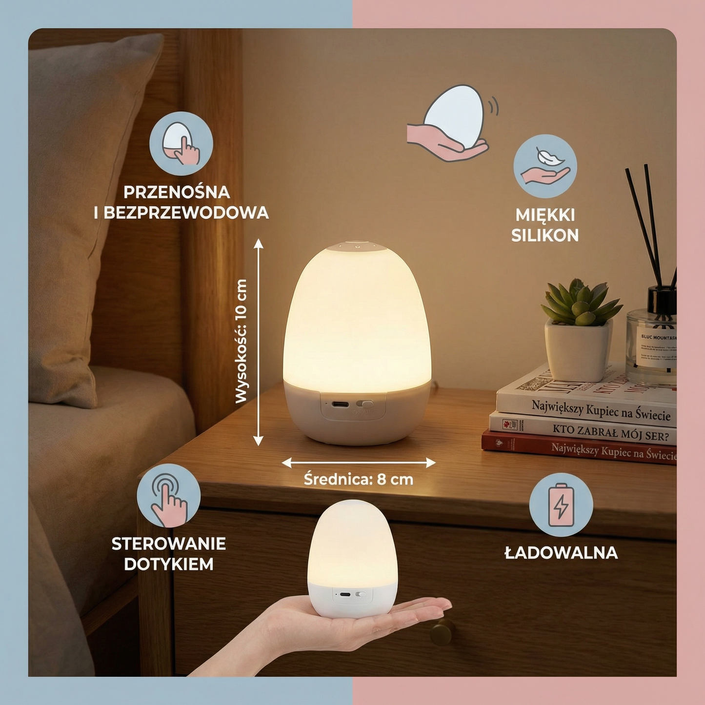 Silikonowa lampka nocna LED w kształcie jajka