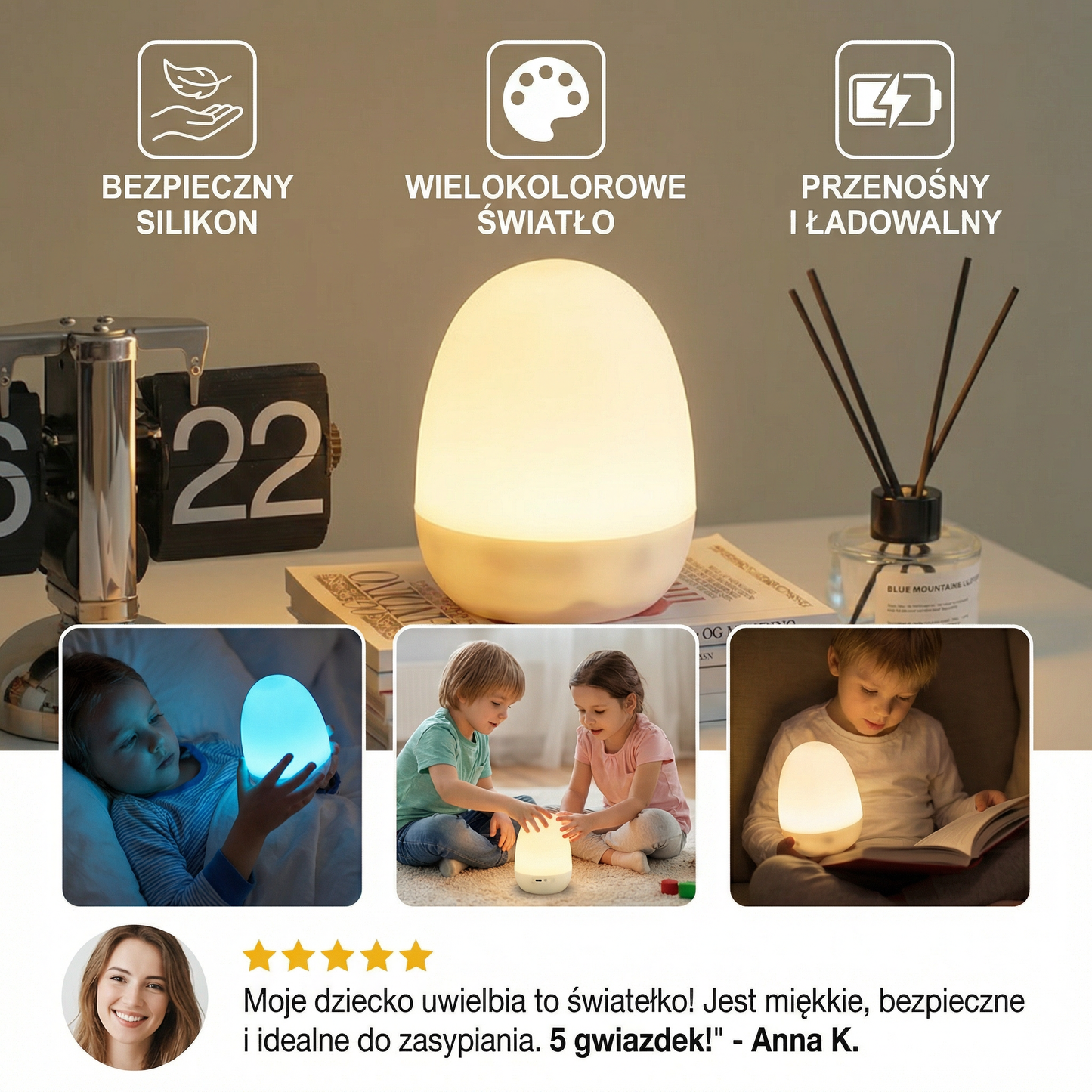 Silikonowa lampka nocna LED w kształcie jajka
