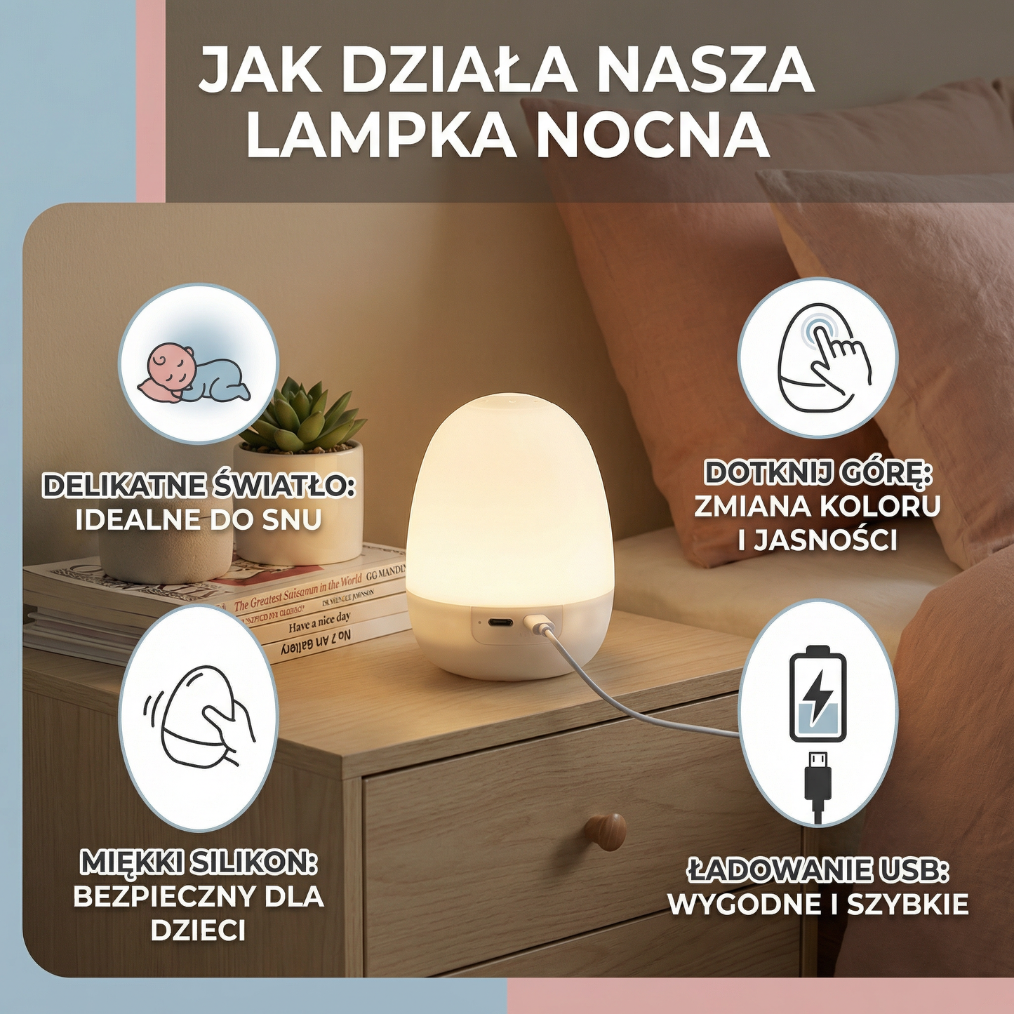 Silikonowa lampka nocna LED w kształcie jajka